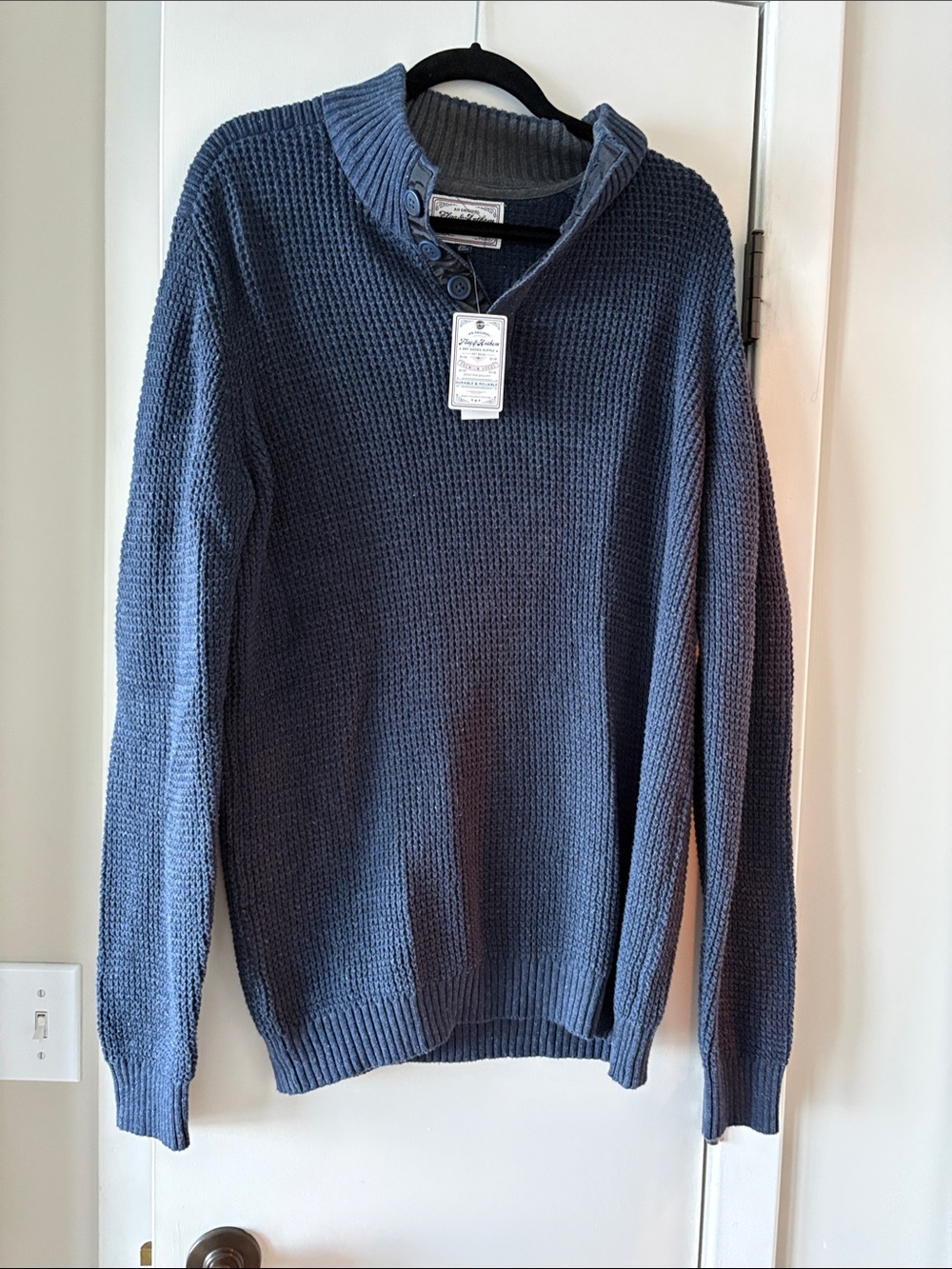 Men's Flag and Anthem Zip-Neck Waffle Knit Sweater - Slate Blue